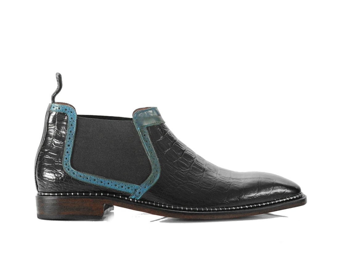 Handmade Mens Black Alligator Leather Texture Chelsea Fashion Boots, Men’s Fashion Designer Boots