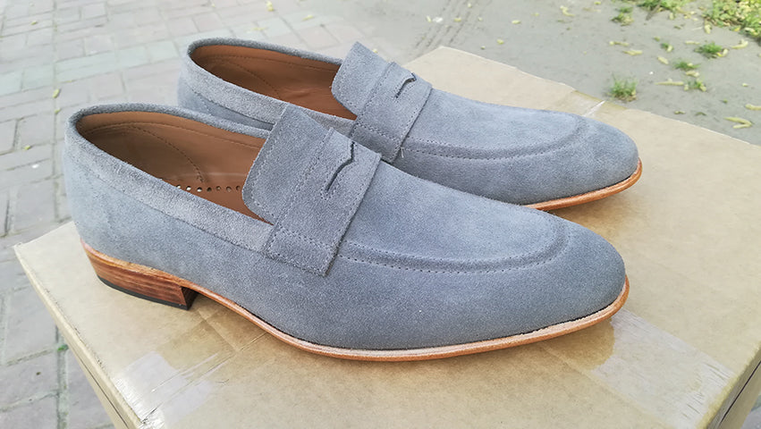 New Handmade Men's Gray Suede Penny Loafers, Men Designer Dress Luxury Shoes