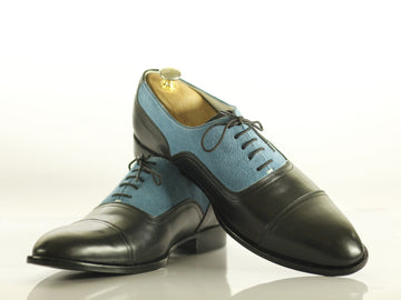 Mens Handmade Black Blue Leather Suede Lace Up Shoes, Men’s Formal Designer Cap Toe Shoes