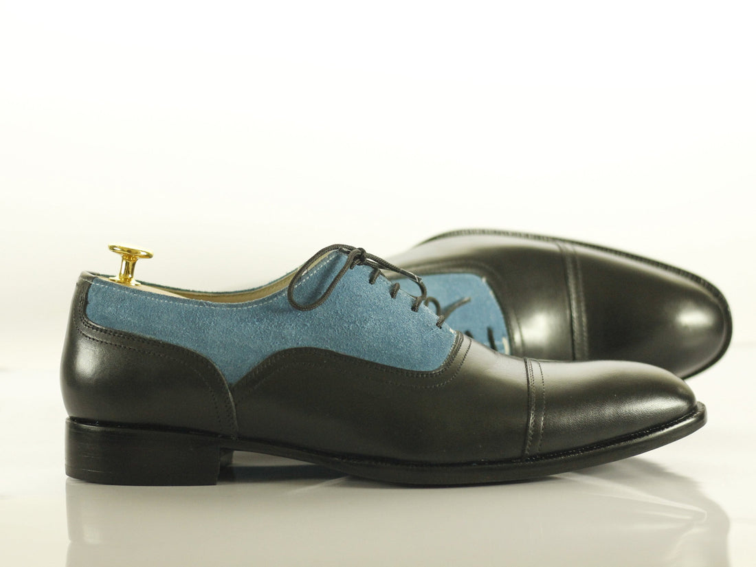 Mens Handmade Black Blue Leather Suede Lace Up Shoes, Men’s Formal Designer Cap Toe Shoes