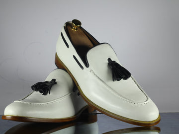 New Handmade Men's White Color Leather Tassel Loafers, Men Designer Dress Formal Luxury Shoes