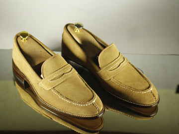 Mens Handmade Suede Beige Split Toe Loafer Shoes, Men Casual Beige Color Shoes