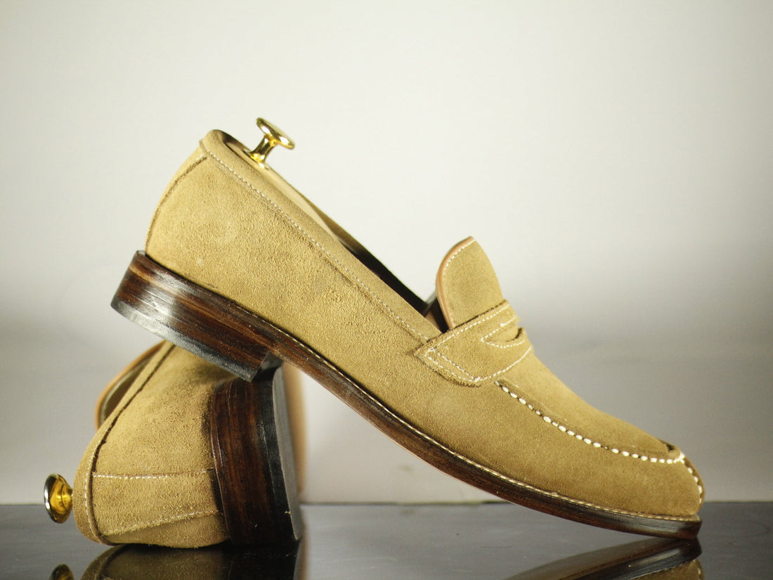 Mens Handmade Suede Beige Split Toe Loafer Shoes, Men Casual Beige Color Shoes