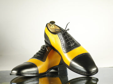 Men’s Handmade Black Yellow Color Leather Lace Up Designer Shoes, Mens Beautiful Two Tone Cap Toe Leather Shoes