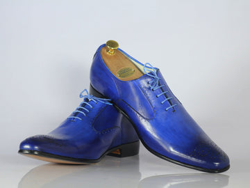 Mens Handmade Blue Color Leather Brogue Toe Fancy Shoes, Men Beautiful Bespoke Leather Shoes