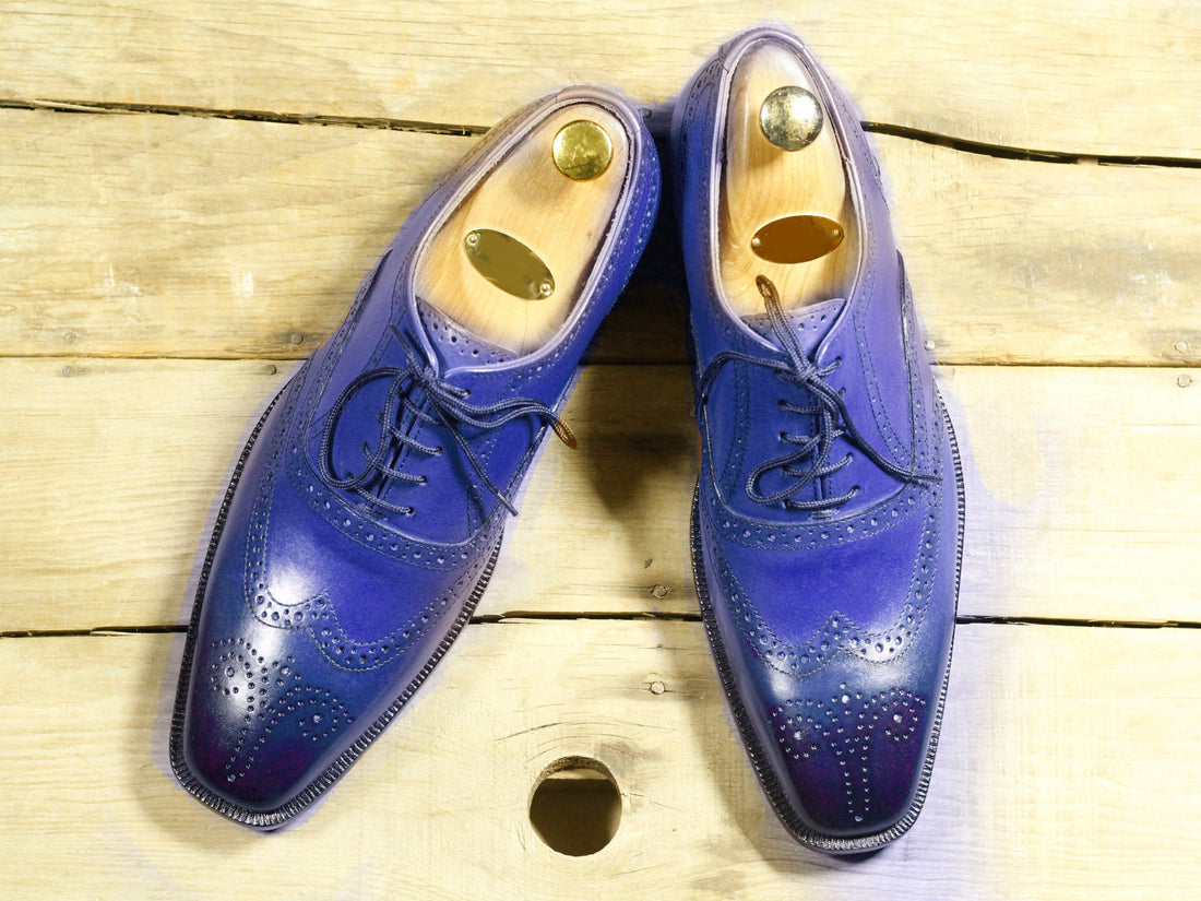 Mens Handmade Blue Color Leather Wingtip Brogue Lace Up Shoes, Men Formal Designer Shoes &nbsp;