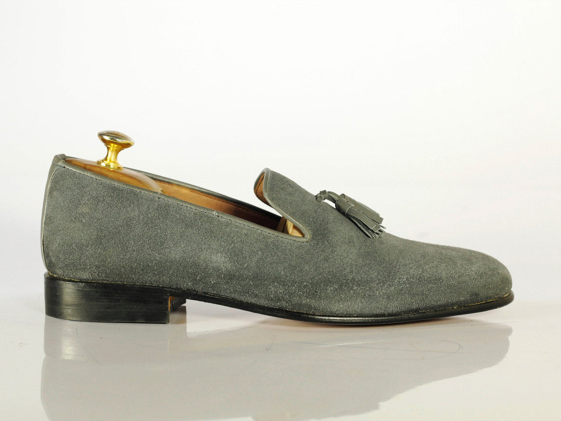 New Handmade Men's Gray Suede Tassel Loafers, Men Designer Dress Luxury Shoes