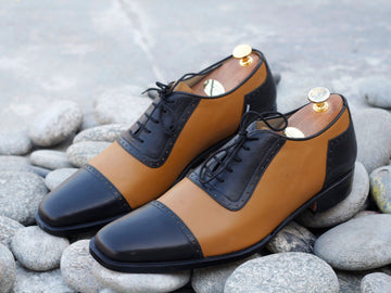 New Handmade Men's Two Tone Tan Black Leather Cap Toe Lace Up Shoes, Men Designer Dress Formal Luxury Shoes