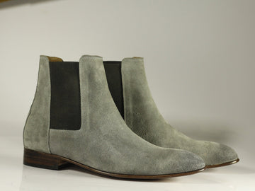 Handmade Mens Gray Suede Chelsea Ankle High Boots, Men Fashion Designer Boots