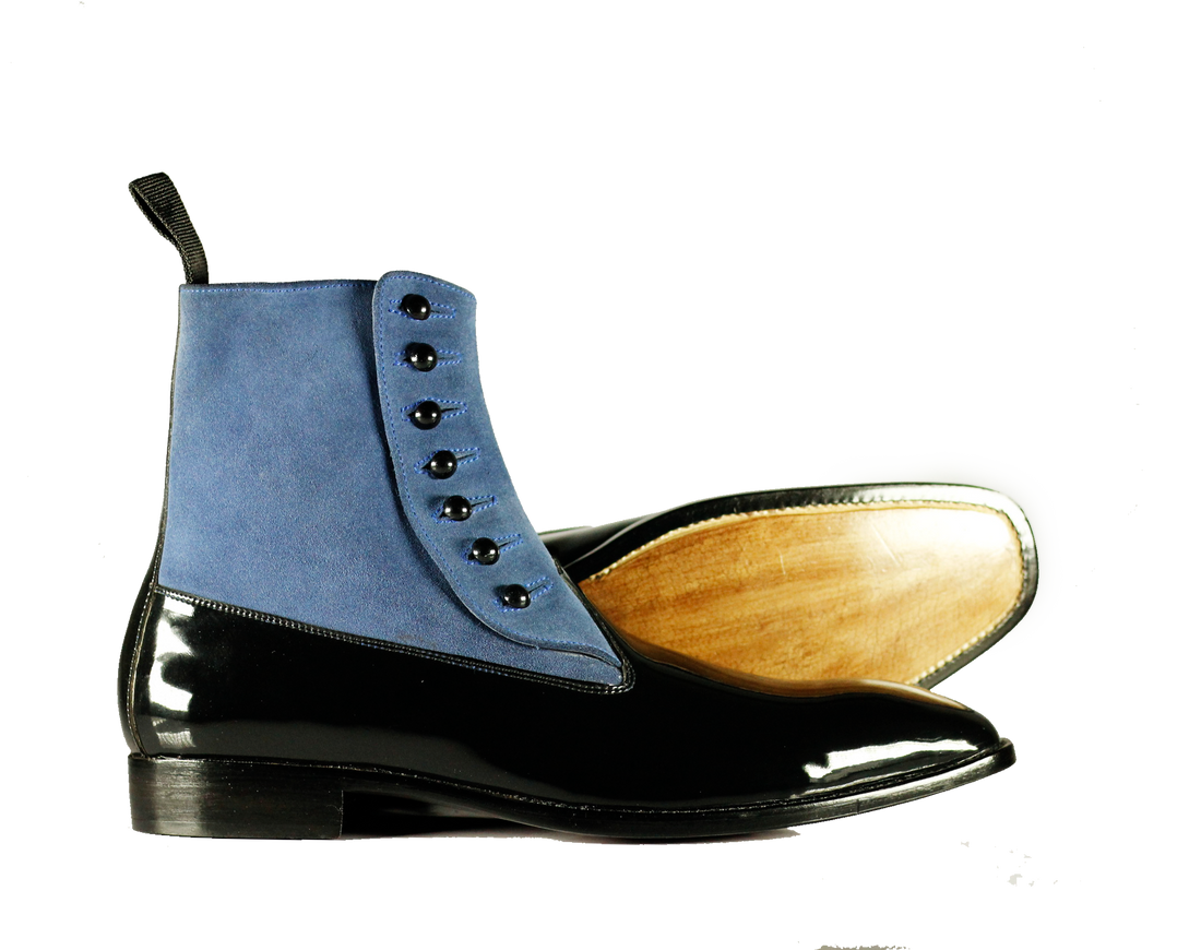 Awesome Handmade Mens Black & Blue Patent Leather Suede Ankle High Boots