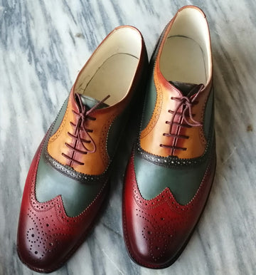 Men’s Handmade Multicolor Leather Wingtip Brogue Shoes, Mens Designer Formal Shoes