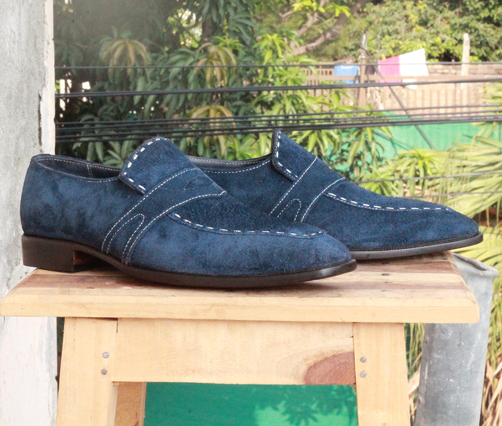 Mens Handmade Navy Blue Suede Causal Loafer Shoes, Men Designer Loafer Shoes