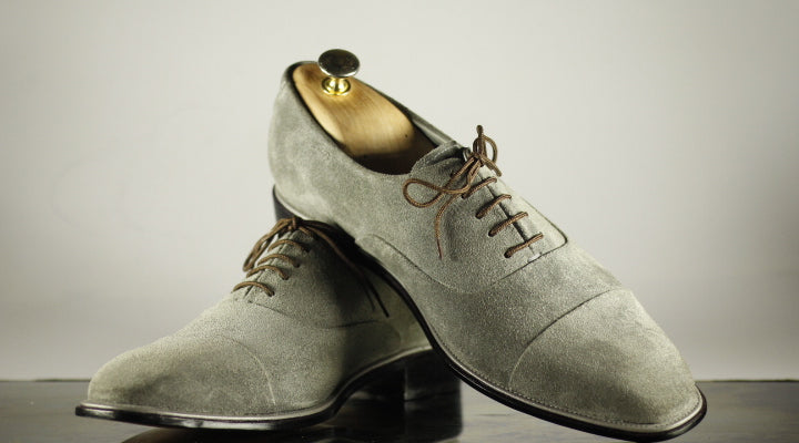 Mens Handmade Gray Color Suede Cap Toe Shoes, Mens Formal Designer Lace Up Shoes