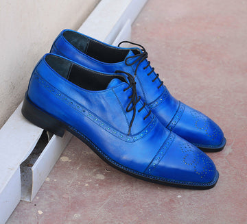 Mens Handmade Formal Blue Color Stylish Bespoke Cap Toe Dressing Lace Up Shoes