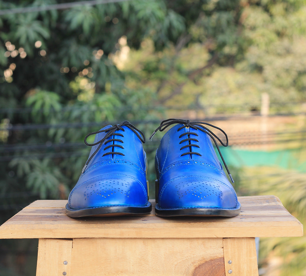 Mens Handmade Formal Blue Color Stylish Bespoke Cap Toe Dressing Lace Up Shoes