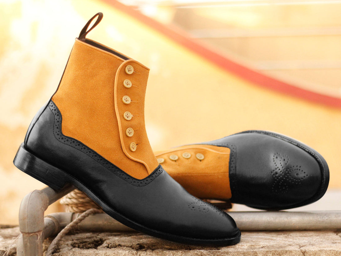 Mens Handmade Tan Blck Leather Suede Button Stylish Boots, Men Ankle High Awesome Style Boots