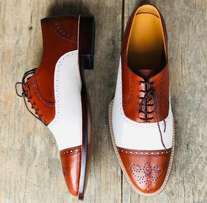 New Handmade Men's White Brown Leather Cap Toe Brogue Lace Up Shoes, Men Dress Formal Luxury Shoes