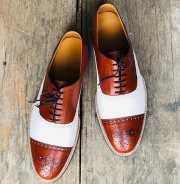 New Handmade Men's White Brown Leather Cap Toe Brogue Lace Up Shoes, Men Dress Formal Luxury Shoes