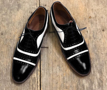 Mens Handmade Formal Black White Leather Cap Toe Shoes, Men’s Luxury Lace Up Shoes