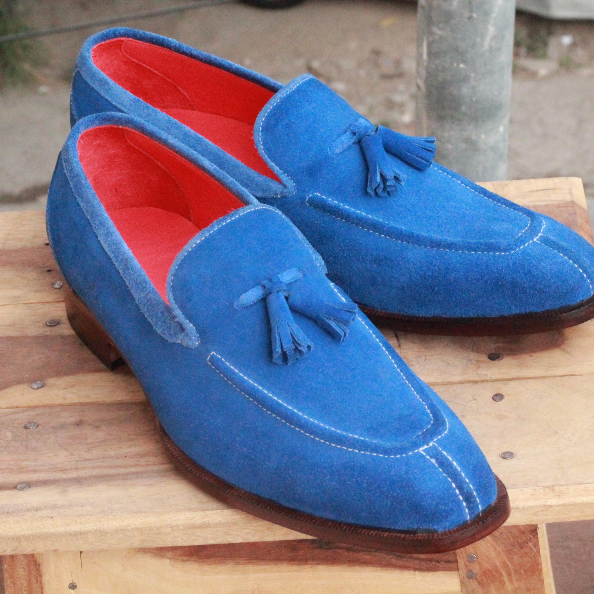 Men’s Handmade Blue Color Suede Split Toe Designer Loafer Shoes, Men Tassel Shoes