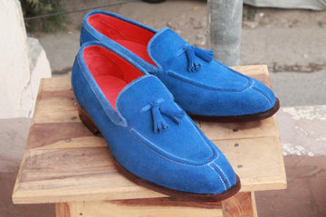 Men’s Handmade Blue Color Suede Split Toe Designer Loafer Shoes, Men Tassel Shoes