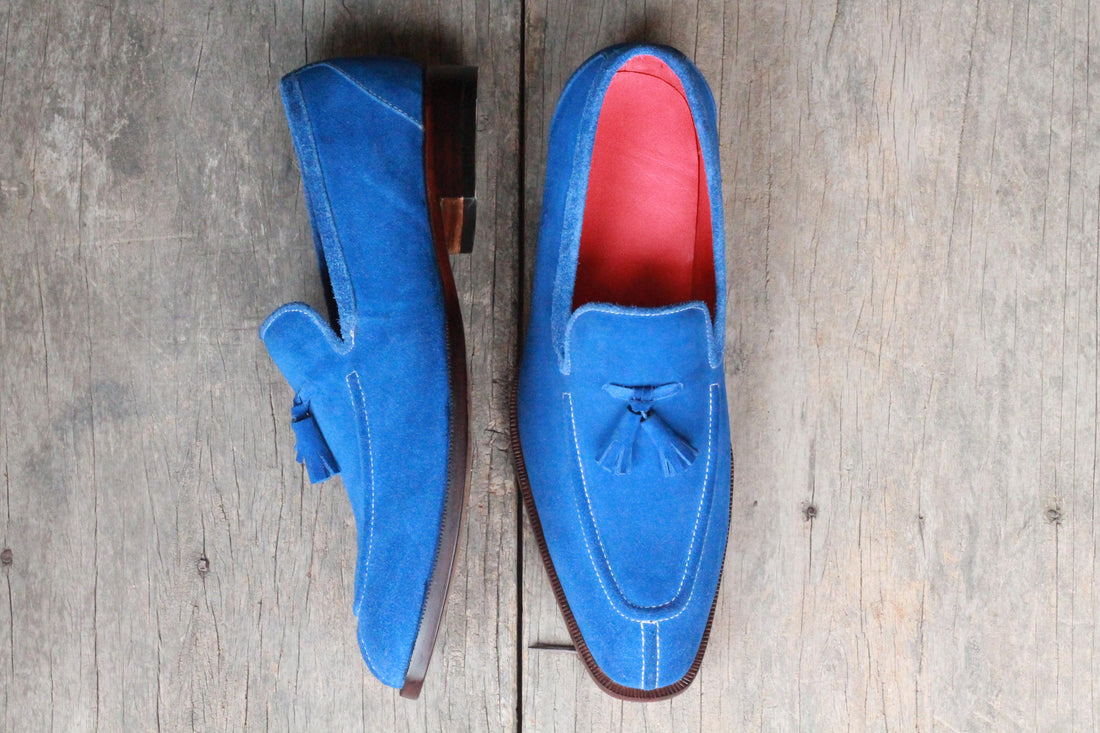 Men’s Handmade Blue Color Suede Split Toe Designer Loafer Shoes, Men Tassel Shoes