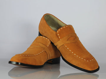 New Handmade Men's Tan Suede Penny Loafers, Men Designer Formal Dress Luxury Shoes