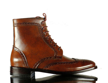 Mans Handmade Formal Brown Color Ankle High Wingtip Brogue Leather Boots, Men Designer Boots