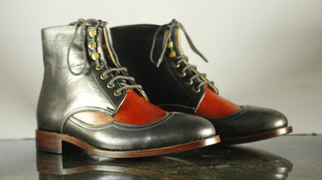 Mens Handmade Black Red Leather Wingtip Designer Boots