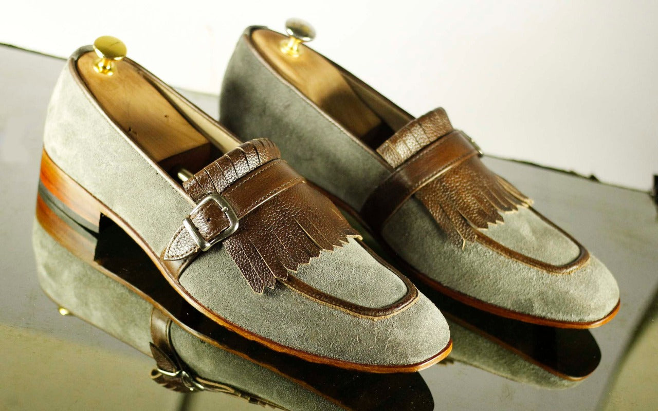 New Handmade Men's Gray Brown Leather Suede Monk Strap Fringes Shoes, Men Designer Formal Dress Shoes