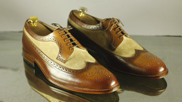 Mens Handmade Brown Beige Leather Suede Wingtip Brogue Formal Designer Shoes