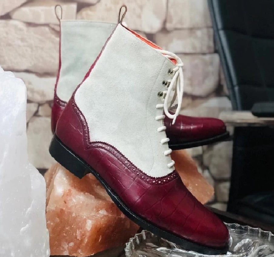 Mens Handmade Two Tone Leather Suede Ankle High Boots, Men Burgundy White Color Boots