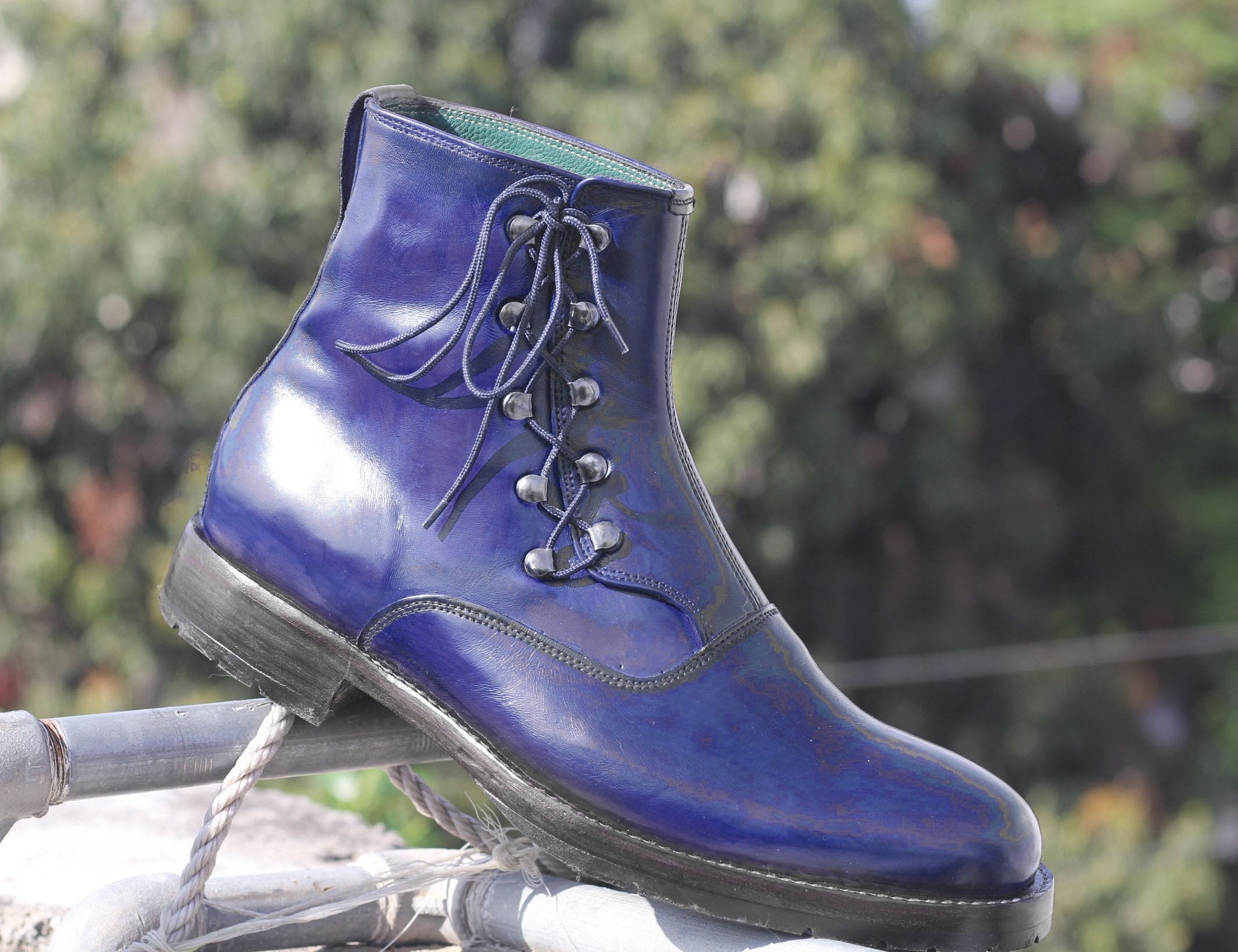 New Handmade Men's Blue Leather Side Lace Up Boots, Men Ankle Boots, Men Fashion Boots