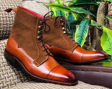 Men Handmade Brown Color Leather Suede Ankle High Boots, Men’s Designer Cap Toe Lace Up Boots