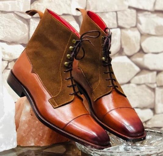 Men Handmade Brown Color Leather Suede Ankle High Boots, Men’s Designer Cap Toe Lace Up Boots