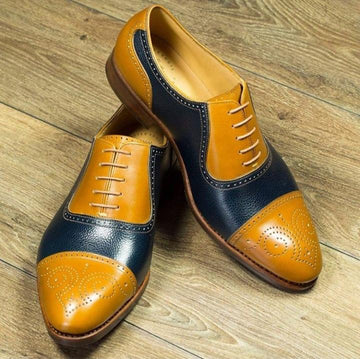 Mens Handmade Yellow Blue Color Formal Leather Cap Toe Brogue Designer Leather Shoes