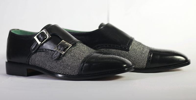 Mens Handmade Black Color Leather Tweed Cap Toe Designer Shoes, Men Double Monk Strap Cap Toe Shoes