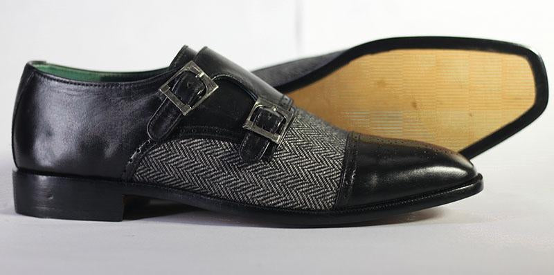 Mens Handmade Black Color Leather Tweed Cap Toe Designer Shoes, Men Double Monk Strap Cap Toe Shoes