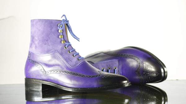 Mens Handmade Purple Color Leather Suede Wingtip Brogue Style Ankle High Boots