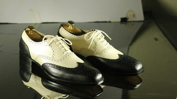 Mens Handmade White Black Wingtip Brogue Leather Shoes, Mens Lace Up Designer Shoes