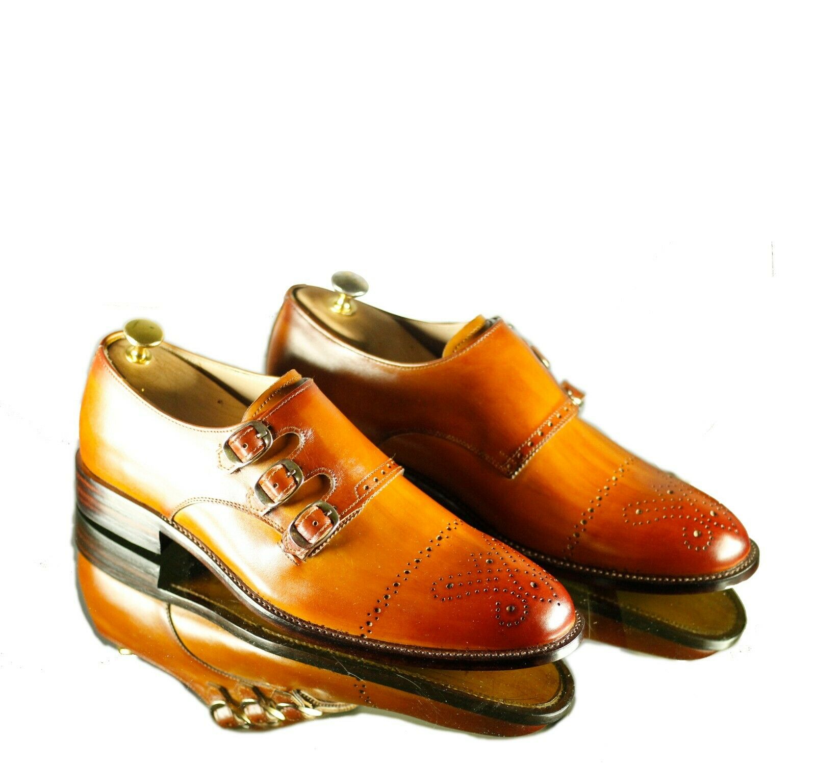 New Handmade Men's Tan Leather Cap Toe Brogue Shoes, Men Triple Monk Strap Dress Formal Shoes