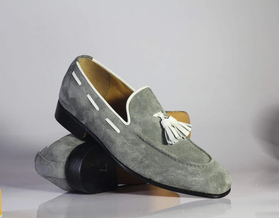 New Handmade Men's Gray Suede Tassel Loafer, Men Dress Formal Shoes