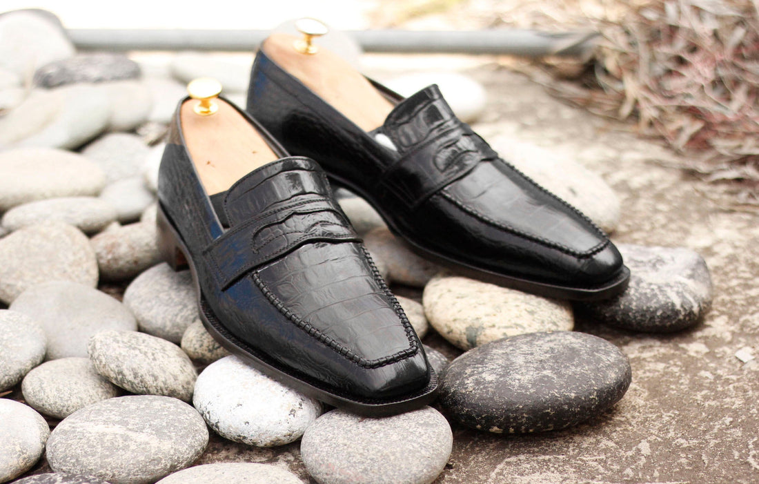 Men’s Handmade Black Alligator Texture Leather Loafer Shoes, Mens Causal Party Wear Shoes