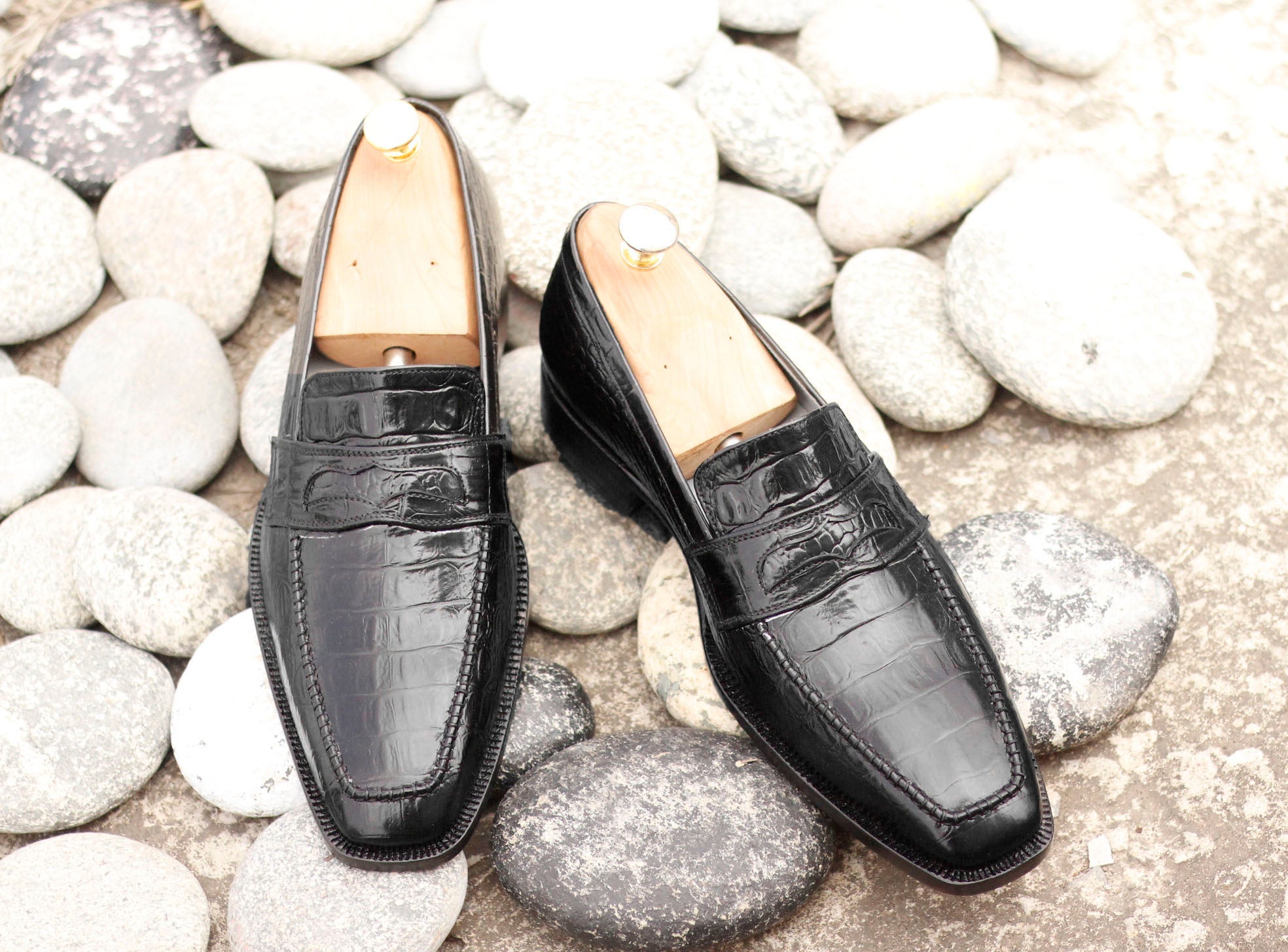 Men’s Handmade Black Alligator Texture Leather Loafer Shoes, Mens Causal Party Wear Shoes