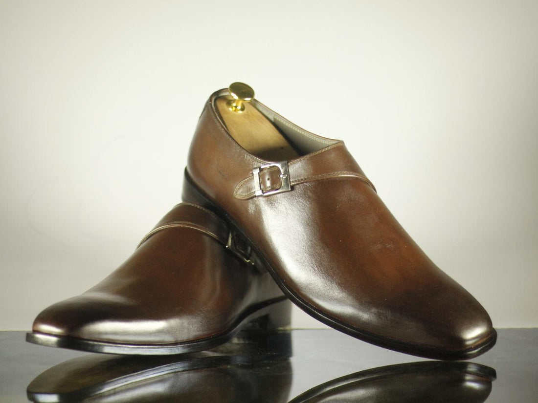 New Handmade Men's Brown Leather Monk Strap Shoes, Men Dress Formal Shoes