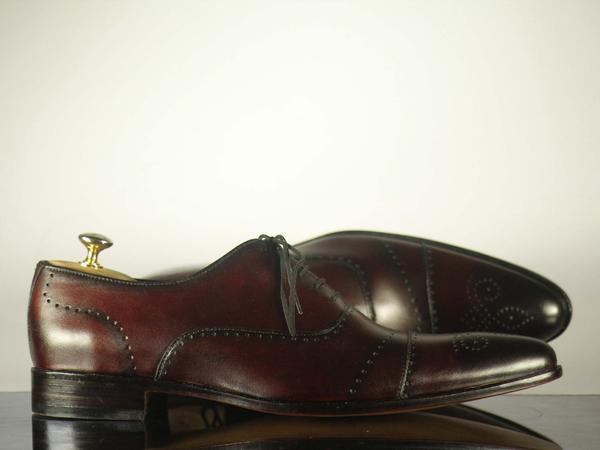 Men’s Handmade Brown Color Leather Cap Toe Formal Designer Brogue Shoes, Men Leather Lace Up Shoes