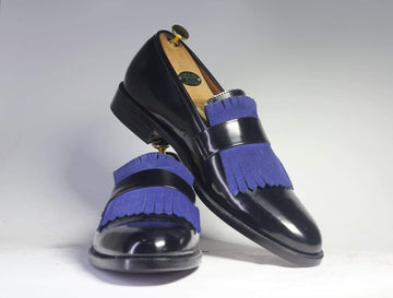 Stylish New Handmade Men's Black Blue Leather Suede Fringes Loafer, Men Dress Formal Shoes