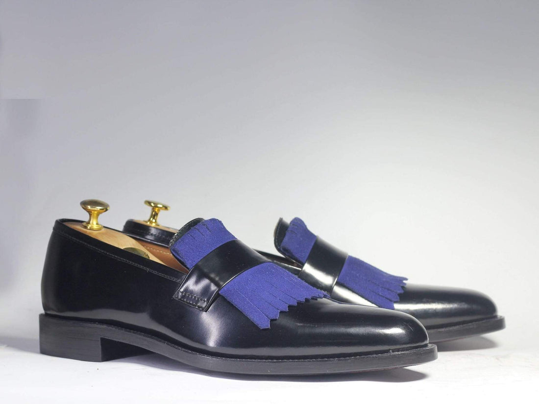 Stylish New Handmade Men's Black Blue Leather Suede Fringes Loafer, Men Dress Formal Shoes