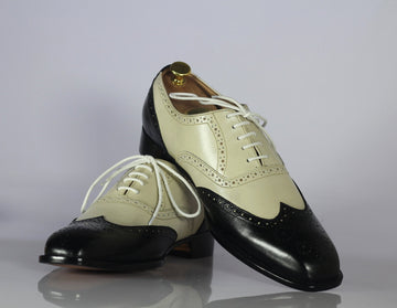 Stylish New Handmade Men's Black Off-White Leather Wing Tip Brogue Lace Up Shoes, Men Dress Formal Shoes