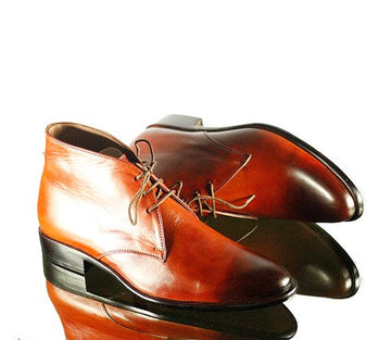 Handmade Mens Stylish Leather Chukka Lace Up Formal Boots, Men Ankle High Burgundy Leather Boots